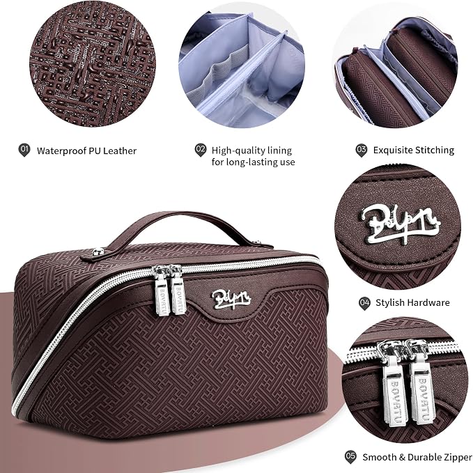 BOYATU Travel Makeup Bags for Women: Vintage Roman Column Texture | Each Journey, Quiet Luxury Serenity - 3 Pcs Set Large Capacity Cosmetic Bag Organizer Toiletry Purse(coffee) - Image 4