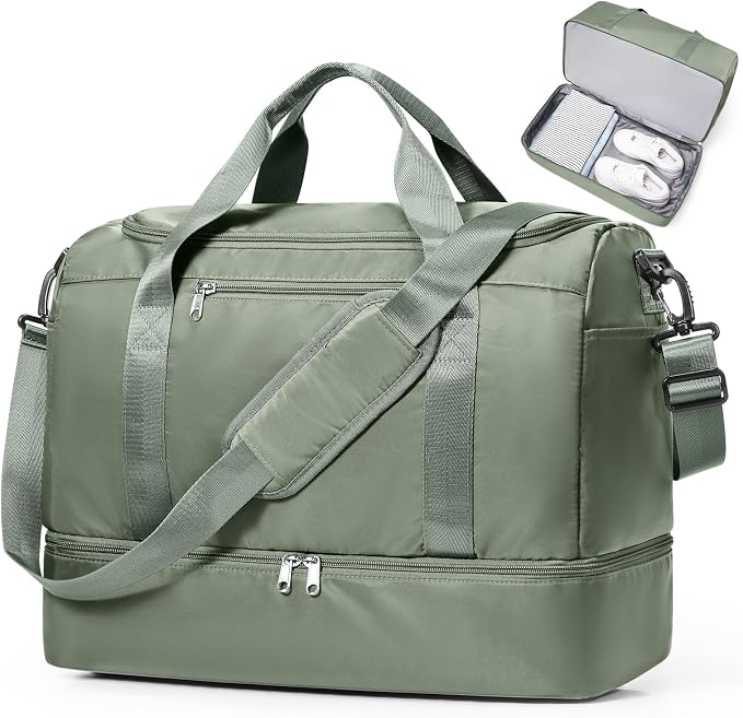 Travel Duffel Bag,Carry-On Overnight Weekender Bags with Shoes Compartment | Travel Bag with Wet Pocket & Luggage Sleeve, For Spirit Airlines 18x14x8 Personal Item Bag,Small,Olive Green by SYCNB