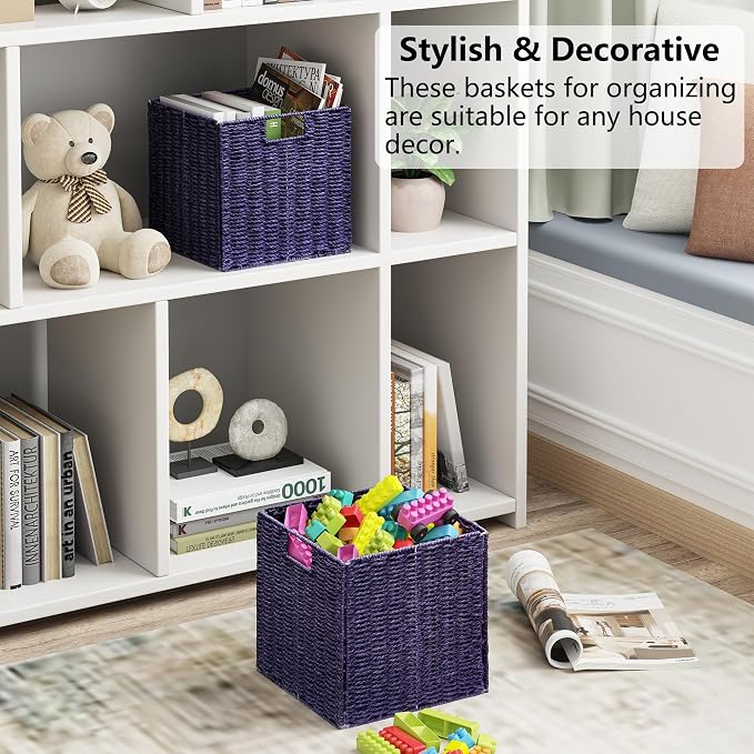 Vagusicc Wicker Storage Basket, Set of 2 Hand-Woven Paper Rope Wicker Basket, Foldable Cube Storage Bins, 9 inch Square Storage Baskets for Organizing Shelves & Decor, Purple (9″×9″×9″) - Image 7