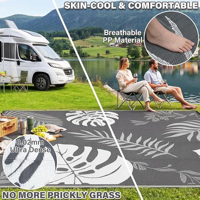 GOTGELIF Massive Outdoor Patio Rug - 9x12FT, Reversible & Water-Resistant & Wear-Resistant & Plastic Straw Outdoor Area Rug for Patio & Camping & RV - Gray Leaf - Image 4