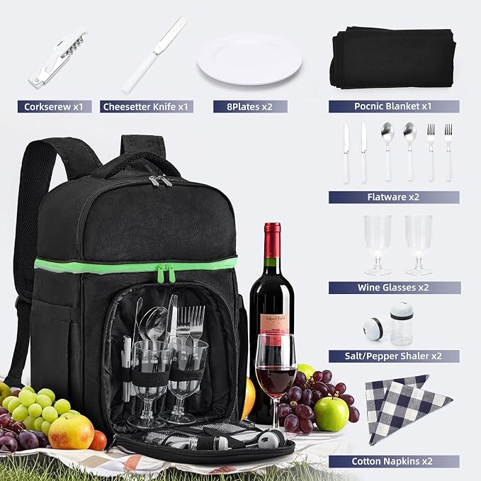 Vogano Picnic Backpack & Accessories – Insulated Picnic Set for 2 Person with Dual Compartments, Lightweight Blanket, Cutlery Set, for Newlyweds and Couples Gifts Black - Image 4