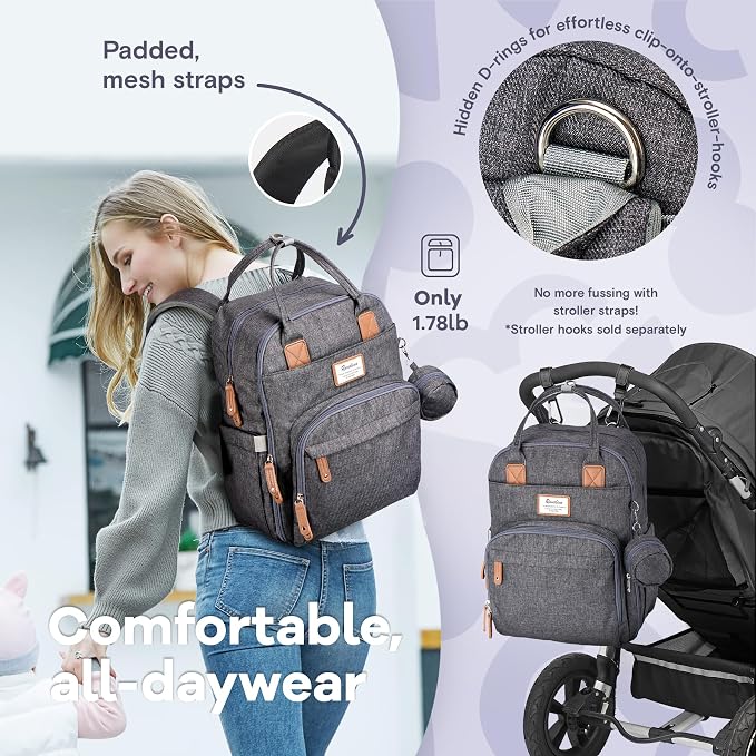 RUVALINO Diaper Bag Backpack - Multifunction Waterproof Travel Backpack, Baby Bag with Changing Pad & Stroller D-Ring & Pacifier Case - Travel Essentials & Baby Registry Search - Unisex, Dark Gray - Image 5