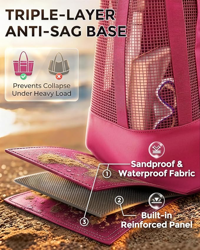 Large Mesh Beach Bag, Waterproof Bottom Tote, Structured Design Waterproof Pocket, Sandproof Pool Bag for Cruise Gym - Image 7