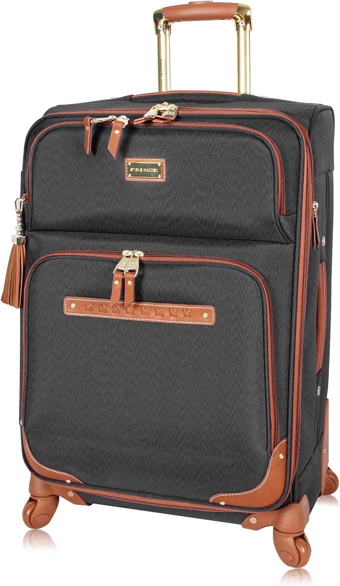 Steve Madden Designer Luggage Collection - Expandable 28 Inch Softside Bag for Men & Women - Durable Lightweight Checked Suitcase with 4-Rolling Spinner Wheels (28in, Global Black) by STEVEMADDEN