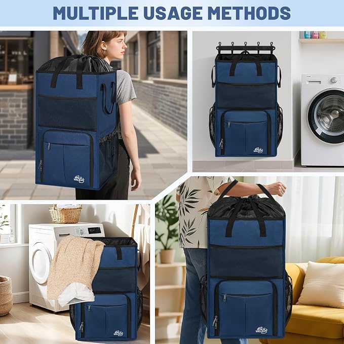 170L Laundry Backpack Bag with 3 Sizes Mesh Wash Bags Empty, Extra Large 2 in 1 Laundry Hamper Basket with Shoulder Straps, Freestanding Laundry Bag for College Dorm, Laundromat, Apartment (Blue) - Image 5