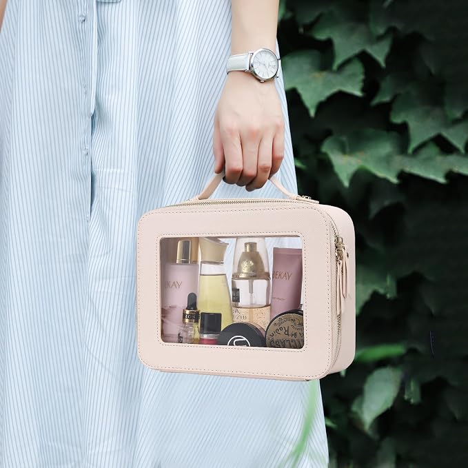 Pinkmik Clear Makeup Bag for Women Waterproof Travel Cosmetics and Toiletries Case Portable Makeup Oaganizer Bag Clear Car Bag with Zipper (Beige, L) - Image 2