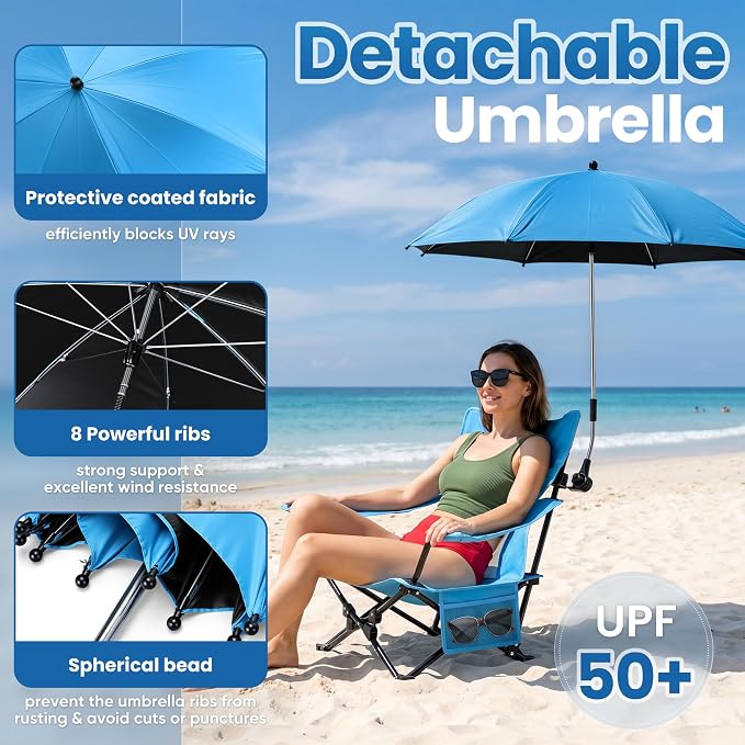 HaSteeL Low Beach Chair Set of 2, Foldable Blue Camping Chair with Adjustable Umbrella Set for Adults, Lightweight Portable Lawn Chairs for Fishing, Picnic, Outdoor BBQ, Travel, Sports - Image 4