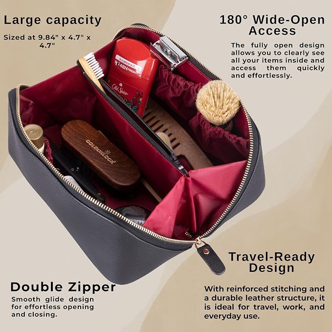 VENOULT Makeup Bag, Spacious Cosmetic Case for Women, Portable 180° Wide-Open Flat Cosmetic Bag, Travel Toiletry Organizer with Handle, Hanmdade, Full Grain Genuine Turkish Leather (Gravel Black) - Image 2