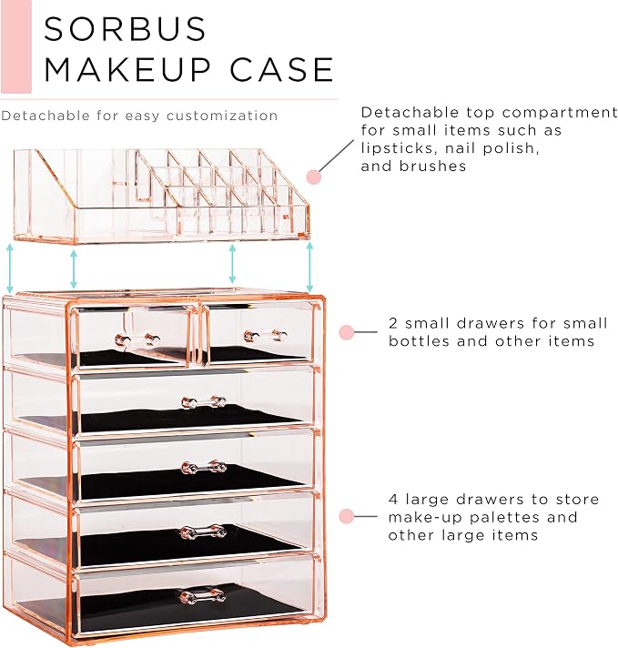 Sorbus Acrylic Makeup Organizer Set, 6-Drawer Vanity & Countertop Cosmetic Storage with Small & Wide Compartments, Pink Makeup Storage for Brushes, Jewelry – Holiday Gift for Women & Teens - Image 4