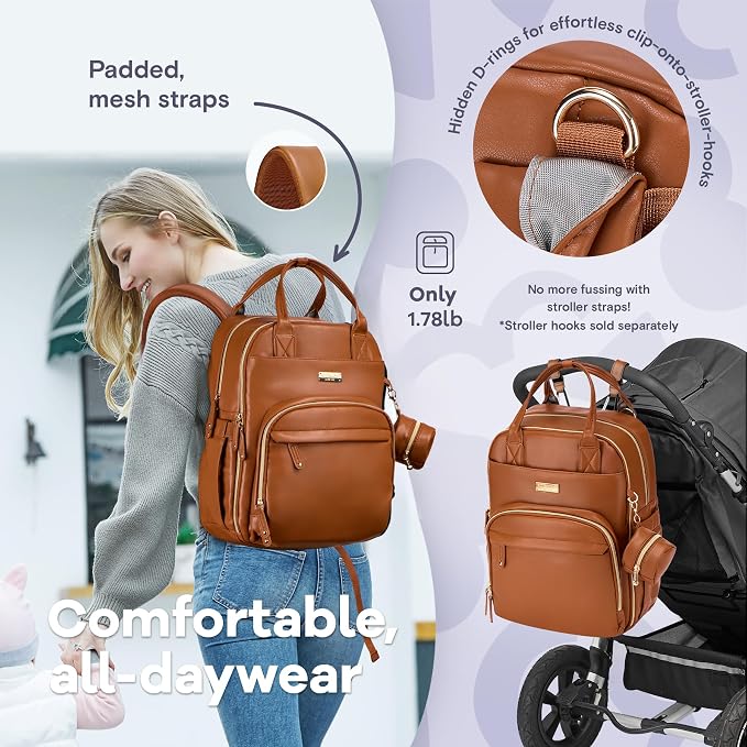 RUVALINO Diaper Bag Backpack, Multifunction Travel Pack Maternity Baby Changing Bags, Large Capacity, Waterproof, Brown - Image 6