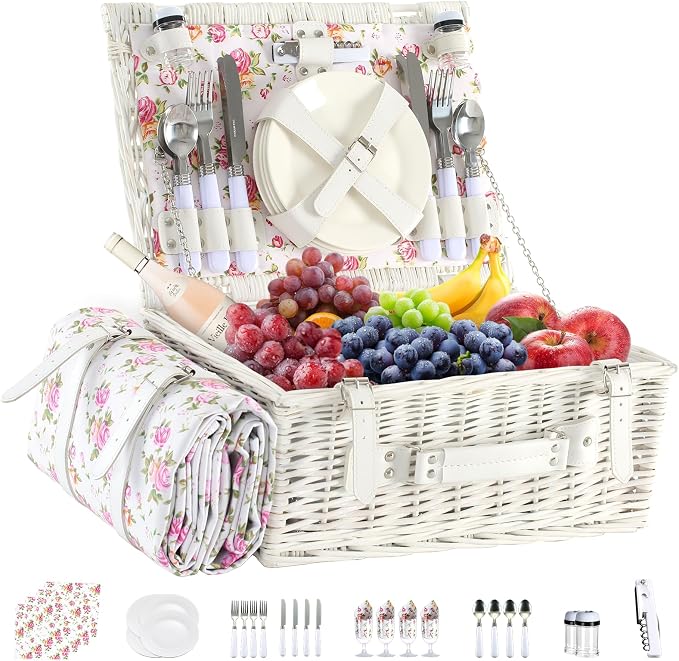 Picnic Basket Set for 4 with Waterproof Blanket Mat Insulation Bag Wicker Pink White Floral Classic Fresh Gift for Christmas Thanksgiving Wedding Birthday Camp Outdoor Beach Travel by YPshuye