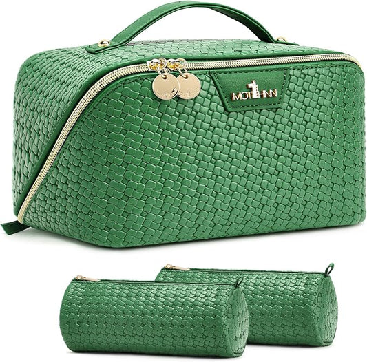 Travel Makeup Bag for Women: Designer 3 Pcs Set Cosmetic Bags for Women - Large Capacity Vagen Leather Hand-made for Toiletry Organizer - Ladies Travel Flat Open Essentials for Luxury (04Green) by Unknown
