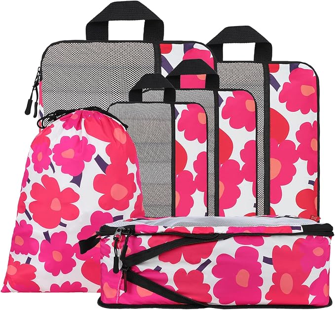 U+U 6 Set Compression Packing Cubes - Ultralight Travel Organizers with Laundry Bag, Space-Saving Suitcase Organizer, Expandable Packing Cubes for Travel, Business Trip and Vacation (Red Flower) by UU