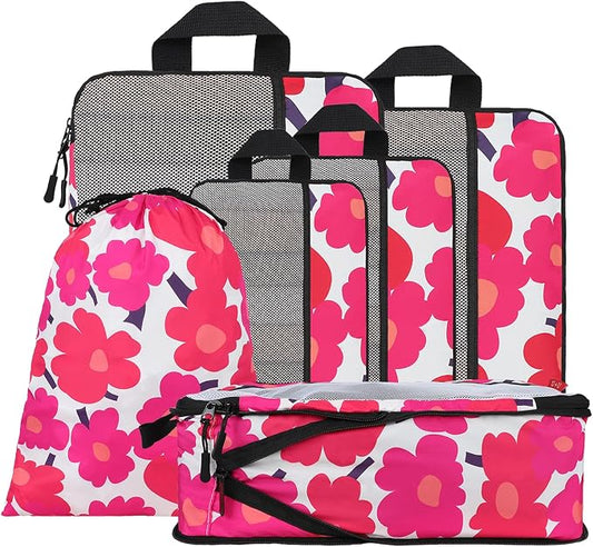 U+U 6 Set Compression Packing Cubes - Ultralight Travel Organizers with Laundry Bag, Space-Saving Suitcase Organizer, Expandable Packing Cubes for Travel, Business Trip and Vacation (Red Flower) by UU