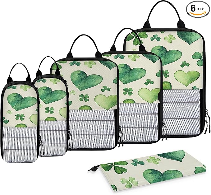 Clover Shamrock Irish St Patrick's Day Compressible Packing Cubes for Suitcase 6 Set Lightweight Expandable Compression Packing Travel Luggage Organizer by BICUUZHI