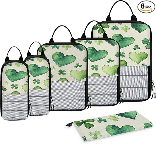 Clover Shamrock Irish St Patrick's Day Compressible Packing Cubes for Suitcase 6 Set Lightweight Expandable Compression Packing Travel Luggage Organizer by BICUUZHI