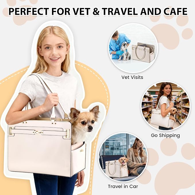 Dog Purse Carrier for Small Dogs, Stylish Foldable Pet Carrier Purse Tote Bag with Washable Cushion & Safety Leash, Airline Approved Puppy Travel Bag with Pockets (White) - Image 3