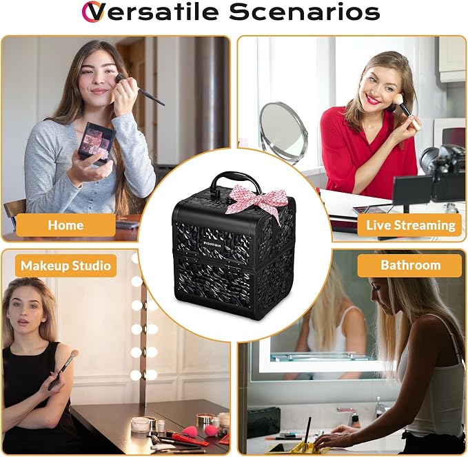 BYOOTIQUE Mini Makeup Train Case with Mirror 2 Tier Trays Box Makeup Artist | Aluminum Portable Travel Makeup Case Organizer Box Lockable Suitcase Cosmetic Storage Hairstylist Nail Tech Mermaid Black - Image 6