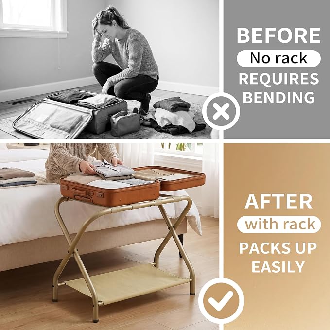 Heybly Luggage Rack for Guest Room, Pack of 2, Steel Folding Suitcase Stand with Storage Shelf for Bedroom, Hotel, Foldable Steel Frame, Guest Room 26.2" L x 14.4" W x 20.5" H, Gold HLR004J2 - Image 3