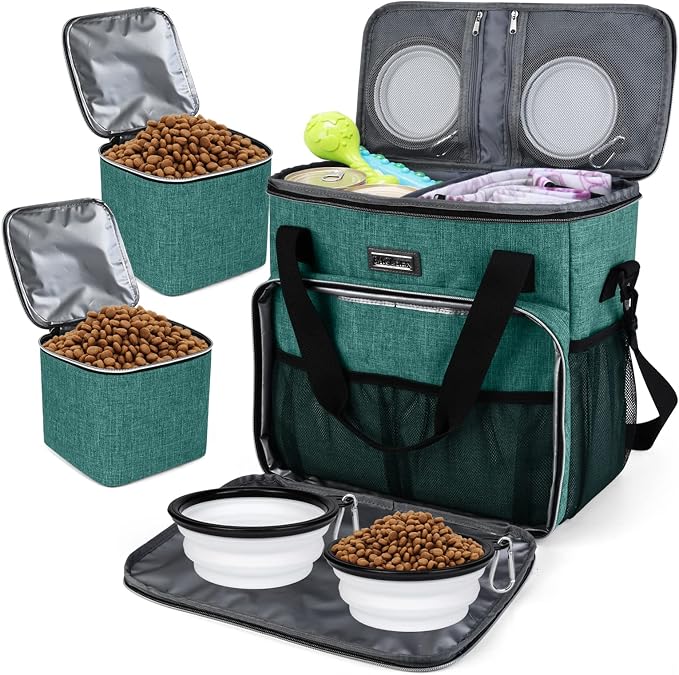 BAGLHER Pet Travel Set Airline-Approved Carrier for Small/Medium Cats & Dogs + Travel Bag with Food Containers & Silicone Bowls, Grey & Green by BAGLHER