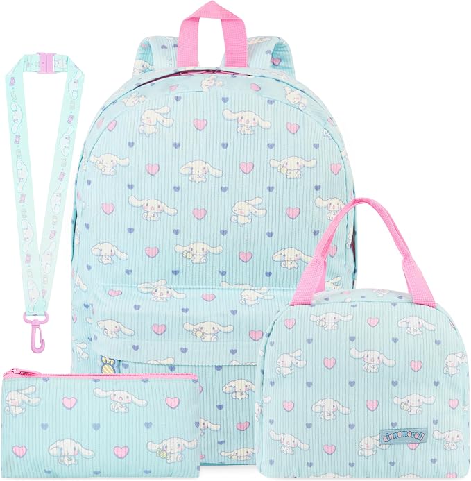 Get Trend Cinnamoroll Girls Corduroy Backpack 4 Piece Set | 17 inch Bookbag with Laptop Pocket, Insulated Lunch Bag, Zipped Pencil Case & Lanyard, Back to School Kawaii Gifts for Girls by GetTrend
