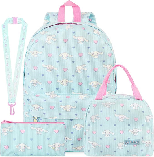 Get Trend Cinnamoroll Girls Corduroy Backpack 4 Piece Set | 17 inch Bookbag with Laptop Pocket, Insulated Lunch Bag, Zipped Pencil Case & Lanyard, Back to School Kawaii Gifts for Girls by GetTrend