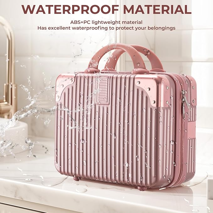 Noverlife 14 Inch Portable Makeup Travel Case Hand Luggage, Pressure-proof ABS Carrying Makeup Case Suitcase with Elastic Band, Small Hard Shell Cosmetic Case for Travel Camping Women Girl - Rose Gold | 14 Inch Hard Shell Cosmetic Case for Women Girl, ... - Image 3