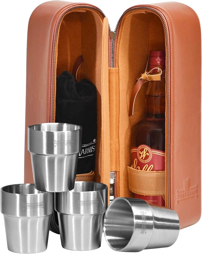 POUR & GARNISH Bourbon, Whiskey & Wine Double Bottle Travel Bag – Vegan Leather Spirits Carrier with 4 Stainless Steel Insulated Glasses & Gift Pouch – Luxury Barware Gift - Image 7