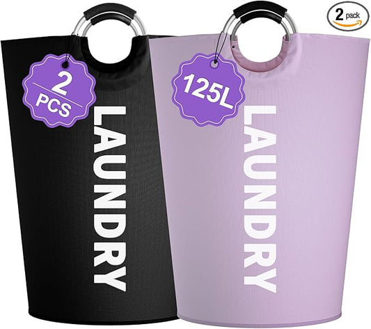 2 Pack 125L Laundry Hamper, Large Laundry Basket with Padded Handles, 600D Oxford Cloth Tall Clothes Hamper, Storage Basket for Clothes, Blankets, Pillows, Comforters, Black + Purple by IHOMAGIC