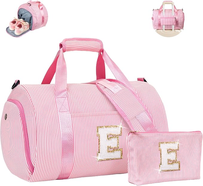 Gift for 8 Years Old Girl, Girls Travel Duffle Bag, Kids Overnight Bags with Shoe Compartment, Personalized Dance Bag with Makeup Pouch, Gifts for Teen Girls, Birthday Gift (Letter E) by Vogewood