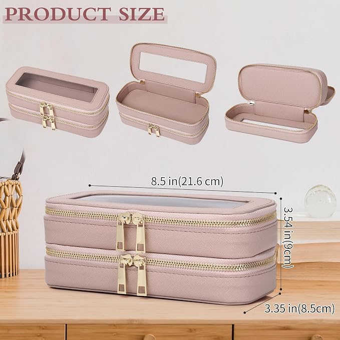 Double Layer Makeup Bag Makeup Brush Case Waterproof Travel Cosmetic & Toiletry Bag Purse Organizer and Car Essentials for Women (Pink 2-Layer SLIM) - Image 4