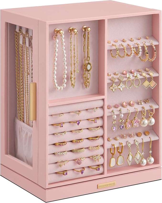 SONGMICS GISELLA Collection - Jewelry Box Organizer 360° Rotating, Vertical Jewelry Storage Case with 5 Drawers, Glass Window, Spacious, Open Design, Great Gift, Pink UJBC170R01 by Unknown