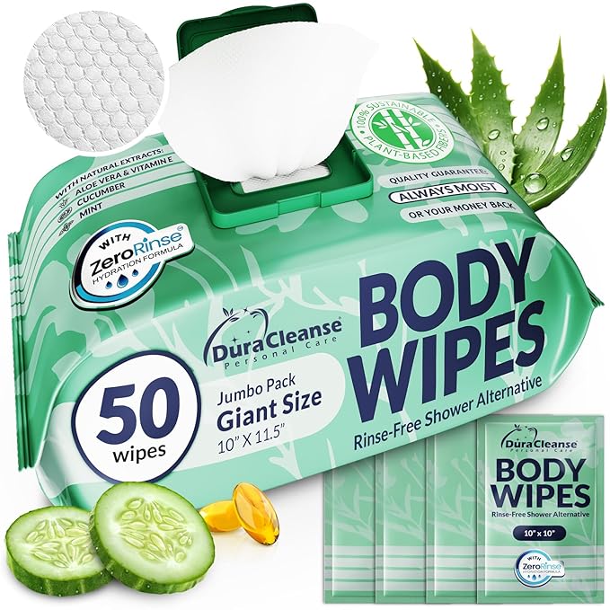 Body Wipes for Women, Extra Moist No Rinse Bathing – 50 XL Shower Cloths + 4 Travel Bath Sheets, 10" x 11.5" Disposable Washcloths for Women’s Hygiene and Post Workout Cleanup