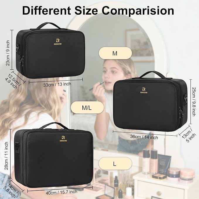 Relavel Makeup Case Large Makeup Bag Professional Train Case 14 inches Travel Cosmetic Organizer Brush Holder Waterproof Makeup Artist Storage Box, 2 Layer Large Capacity, with Adjustable Strap - Image 2