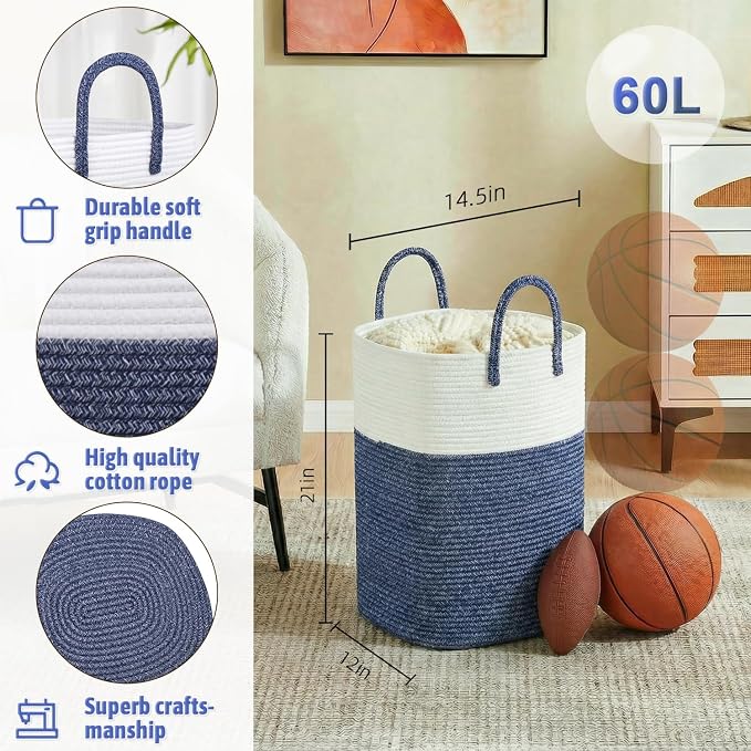 Laundry Basket,Woven Cotton Rope Laundry Hamper,Versatile Storage for Dirty Clothes,Baby Toys,and Blankets in Bathroom, Nursery,and Living Room (Blue, 60L) - Image 2