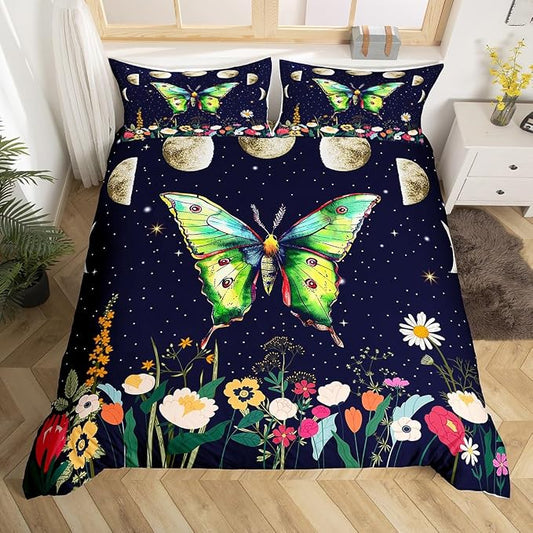 Death Moth Bedding Set King for Women Men Boys Gothic Decor Comforter Cover Kids Girls Moth Skull Duvet Cover Spring Summer Floral Botancial Moon Print Bedspread Exotic Animal Moths Beddding by Erosebridal
