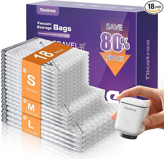 Nicetree 18-Pack Vacuum Storage Bags with Rechargeable Cordless Pump | 3 Sizes (20", 24", 28") Travel Vacuum Seal Bags for Clothing, Bedding & Seasonal Storage | Space Saver for Luggage by Nicetree
