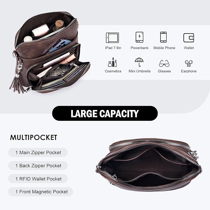 Roulens Crossbody Purse for Women Vegan Leather Medium Crossbody Wallet Bag for Travel Women Shoulder Handbags with Tassel