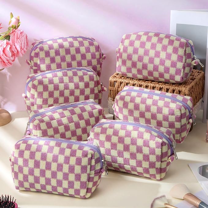 Gilprop 8 Pcs Checkered Makeup Bag for Purse Small Cosmetic Pouch Bulk Portable Zipper Makeup Pouch Travel Toiletry Organizer Gifts for Women Bridesmaid Wedding Party Favors (Purple) - Image 4