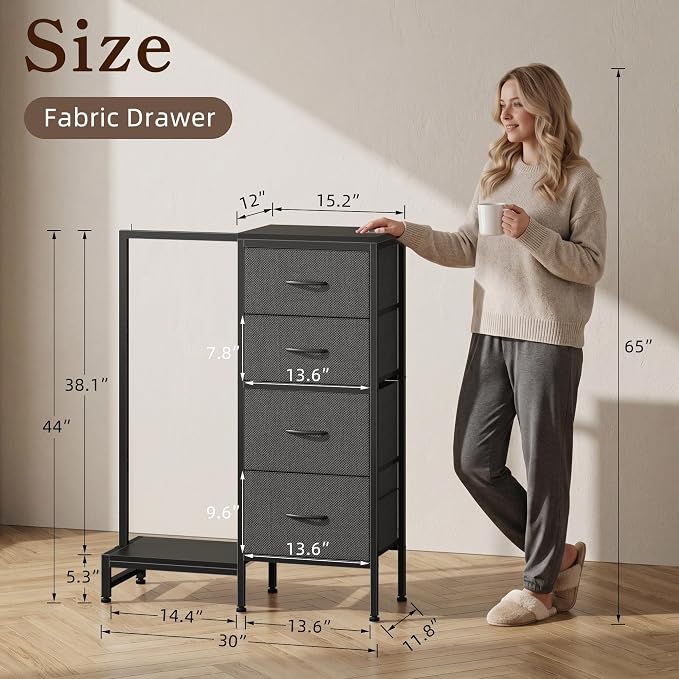 HIGDBFE Dresser with Hanging Rack, 4 Drawers Small Closet for Bedroom, Reversible Fabric Kids Chest of Drawers with Clothes Rack, Tall Storage Tower, Sturdy Frame, Grey, 44''H - Image 2