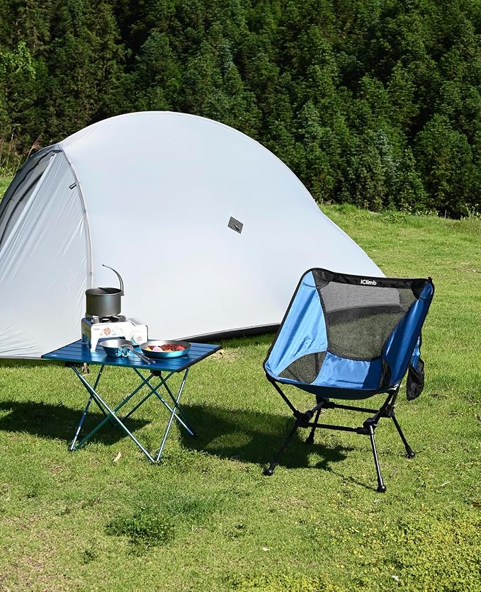 iClimb Ultralight Compact Camping Folding Beach Chair with Anti-Sinking Large Feet and Back Support Webbing (Blue - Square Frame) - Image 2