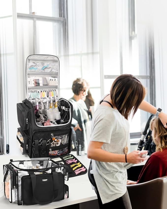 Relavel Hair Tools Travel Bag with Clear Makeup Bag, Hair Stylist BarberBag on Wheels Hairdresser Cosmetology Bag Case with Four 360 Degree Spinner Wheels, Heat Insulation Full Layer for Curling Iron - Image 2