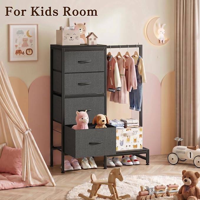 HIGDBFE Dresser with Hanging Rack, 4 Drawers Small Closet for Bedroom, Reversible Fabric Kids Chest of Drawers with Clothes Rack, Tall Storage Tower, Sturdy Frame, Grey, 44''H - Image 7