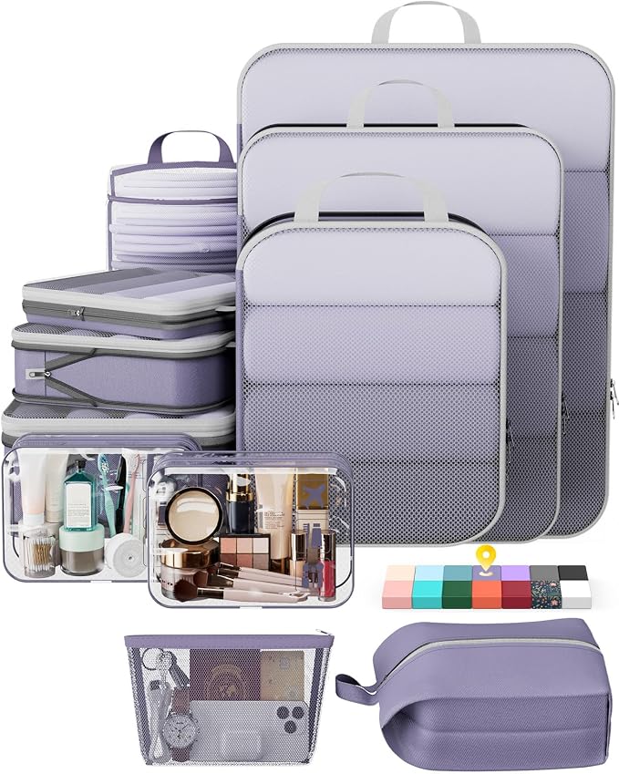 Veken 11 Set Compression Packing Cubes for Travel Essentials,Compressible Expandable Luggage Suitcase Organizer Bags with Garment Bag,Space Saver Bags with Over 1000 pcs of Mesh Holes(Purple Gray) by Veken