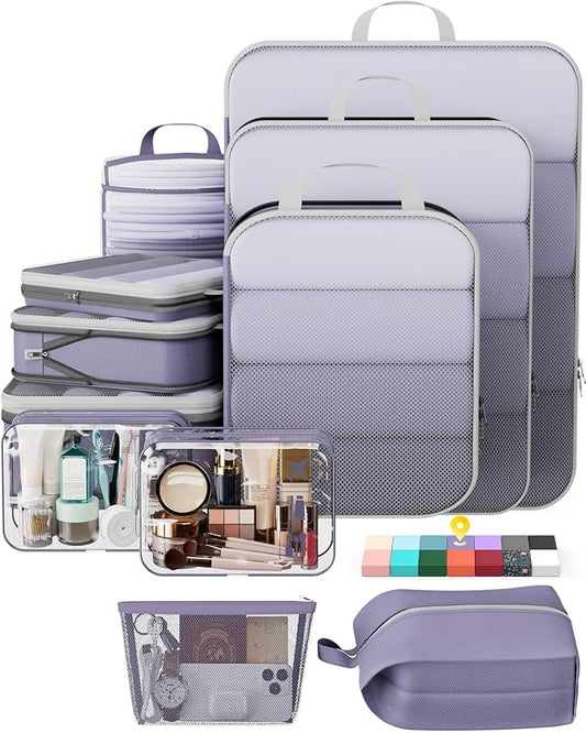 Veken 11 Set Compression Packing Cubes for Travel Essentials,Compressible Expandable Luggage Suitcase Organizer Bags with Garment Bag,Space Saver Bags with Over 1000 pcs of Mesh Holes(Purple Gray) by Veken