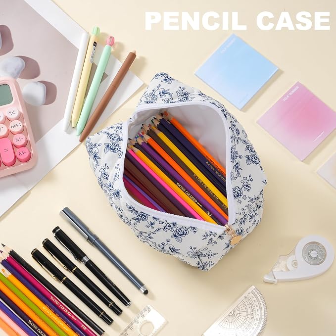 Makeup Bag Travel Toiletry Bag for Women, Small Cosmetic Bags Aesthetic Organizer Quilted Cotton Makeup Pouch&Purse Emergency Bag Floral Pencil Case Accessory Bag, Vintage Blue - Image 6