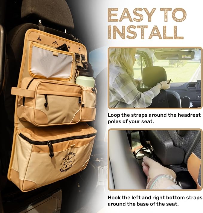 Living in a Bubble Seat back Organizer – Magnetic Toiletry and Cooler Pouch, Cordura Car Backseat Storage with Device Holder & Hooks, Multi-Compartment Utility Bag for Campervans & Family Travel - Image 6