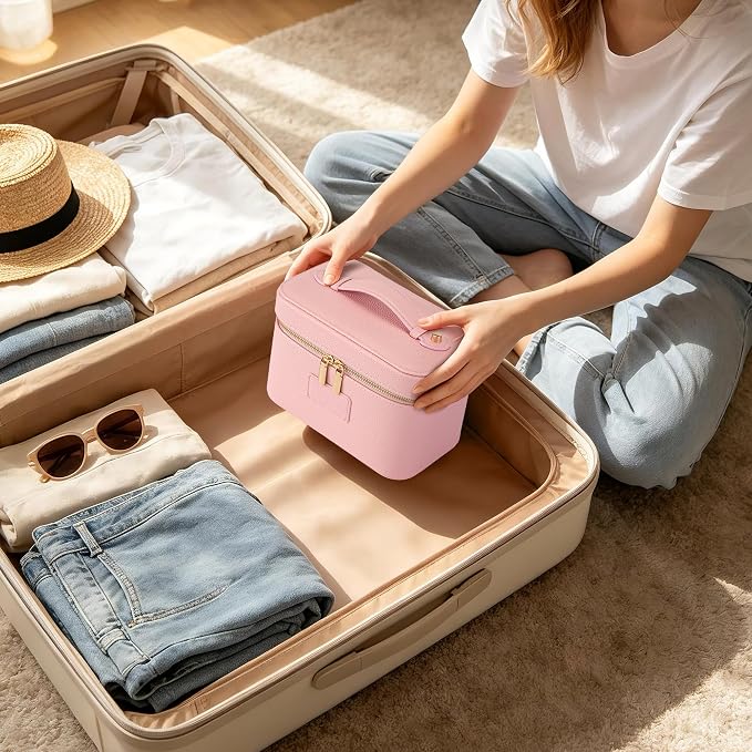 Makeup Bag Travel Toiletry Leather Cosmetic Case, Waterproof Makeup Organizer with Brush Holder, Wipe Clean Removable Divider Vanity Train Bag for Women, Pink - Image 5
