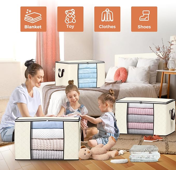 90L Large Storage Bags, 6 Pack Clothes Storage Bins Closet Organizers | Foldable Storage Containers, with Reinforced Handle, for Clothing, Blanket, Comforters, Bed Sheets, Pillows and Toys,Beige - Image 3