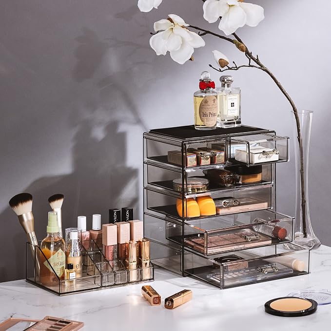 Sorbus Acrylic Makeup Organizer Set, 6-Drawer Vanity & Countertop Cosmetic Storage with Small & Wide Compartments, Black-Tint Makeup Storage for Brushes, Jewelry – Holiday Gift for Women & Teens - Image 2